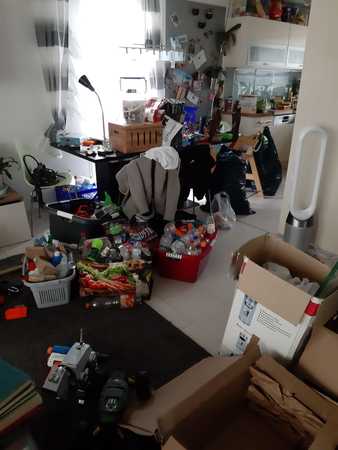 Unordentliche Wohnung mit Kartons, Verpackungen, Haushaltsgegenständen und Spielzeug.