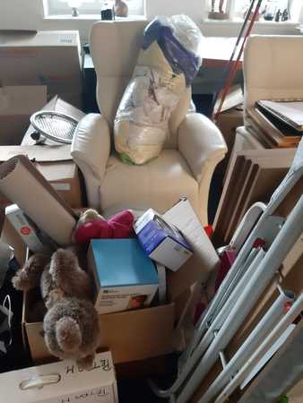 Weiße Ledersessel und Umzugskartons mit Haushaltsgegenständen in einer vollen Wohnung.